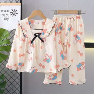 بيجامة خريفي كلاسيكية أنيقة من القطن بأكمام طويلة للبنات