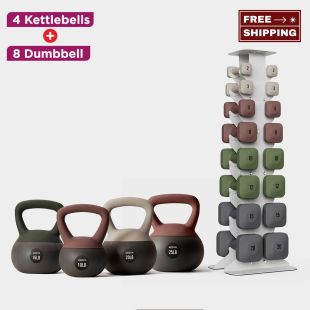 Training Set Including 4 Kettlebells and 8 Dumbbell Pairs with Metal Rack