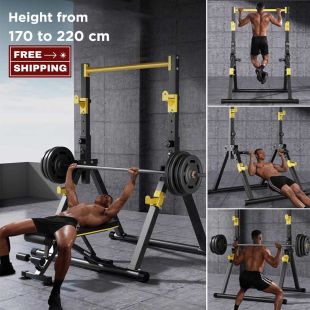 Multi-Function Home Gym Station with Foldable Bench & Bar Rack