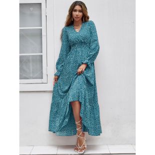 فستان طويل باكمام طويلة وتصميم أوروبي منقط للسيدات