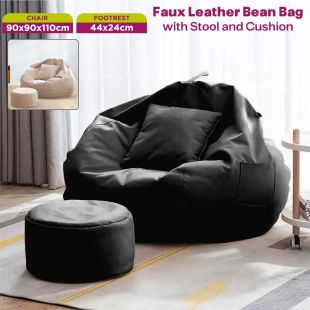Faux Leather Bean Bag with Stool and Cushion