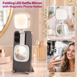 Folding LED Selfie Mirror with Magnetic Phone Holder