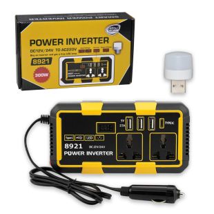 محول كهرباء للسيارة 300 واط مع 2 مقبس ومنافذ USB للشحن السريع + مصباح USB