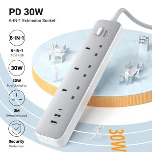 وصلة اشتراك كهربائي 3 مخارج 30 واط مع منفذين USB ومنفذ USB-C طول 2 متر من UGREEN
