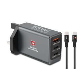 GaN II Wall Charger 65W with 2 USB-C Ports USB-A Port and USB-C Cable by Swiss Military