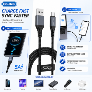 Go-Des 5A USB-A to USB-C Fast Charging Cable 1m