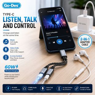 Go-Des 60W Dual-Function Type-C and 3.5mm Aux Adapter Cable