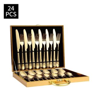 طقم أدوات مائدة 24 قطعة ذهبى مع حقيبة خشبية