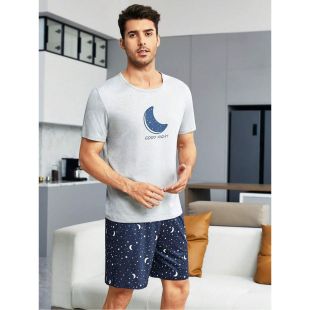 Good Night Design Short Sleeves Pajama Set For Men