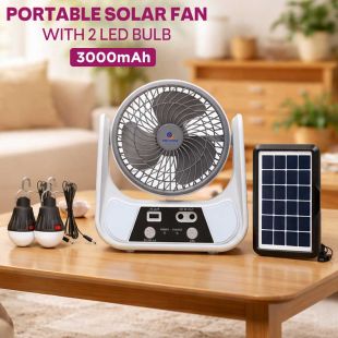 Portable Solar Fan with 2 LED Bulb 3000mAh