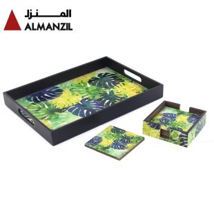 Al-Manzil Leaf Printed Enamel Tray Set with Coaster - Green