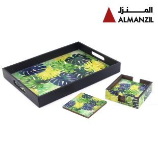 صينية تقديم بتصميم أوراق الشجر مع طقم حوامل أكواب - أخضر من المنزل