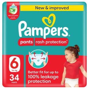 Pampers Rash Protection Pants Diapers, Size 6, 16-21kg, +50% Aloe Vera Lotion, Mega Pack, 34 Count