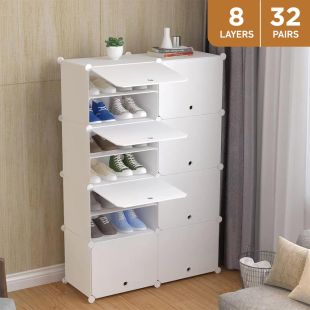 Multi Use Shoe Rack Storage Organizer 8 Layers with Doors Holds 32 Pairs