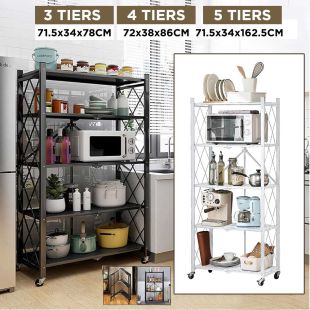 Foldable Multi-Tiers Metal Storage Rack with Wheels (3 or 4 or 5 Tiers )