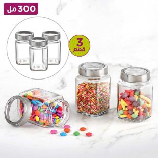 طقم 3 مرطبانات تخزين زجاجية سعة 300 مل مع غطاء محكم