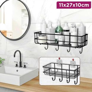 Bathroom Caddy Wall Shelf Rack with Hooks 11.5 x 27.5 x 10 cm