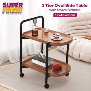 2 Tier Oval Side Table with Swivel Wheels