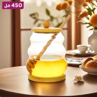 طقم وعاء عسل زجاجي 450 مل مع مغرفة خشبية وصينية