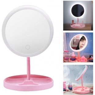 مرآه مكياج دائرية بإضاءة LED وقاعدة تخزين 