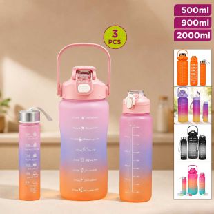 Pack of 3 Pcs Water Bottles with Time Markers and Straw Lids 300 + 900 + 2000ml