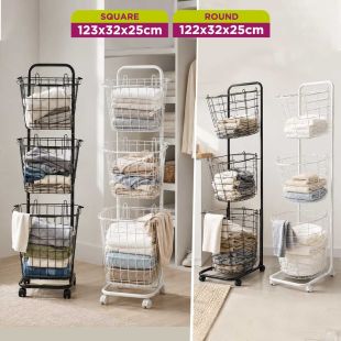 3-Tier Metal Laundry Basket with Wheels and Removable Baskets