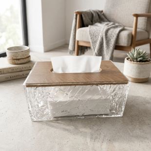 Acrylic Tissue Box with Crystal Pattern and Wood-Look Lid