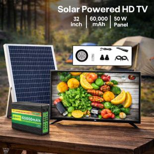 32 Inch Solar Powered HD TV with 50W Panel, 60000mAh Battery, 3 LED Bulbs and Remote