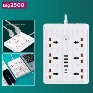 وصلة اشتراك كهربائي 2500 واط 6 مخارج و4 منافذ USB + منفذين USB-C