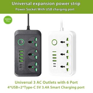وصلة اشتراك كهربائي 3 مخارج و 6 منافذ USB قوة 3000 واط