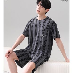 Korean Design Black Short Sleeve Ice Silk Pajama Set For Men