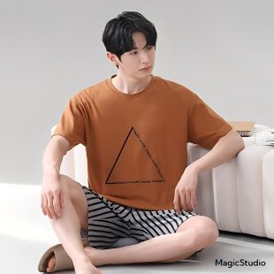 Korean Design Coral Short Sleeve Ice Silk Pajama Set For Men