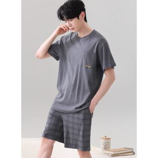 Korean Design Graphite Short Sleeve Ice Silk Pajama Set For Men