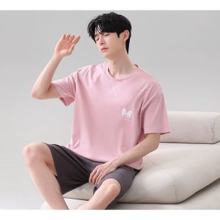 Korean Design Pink Short Sleeve Ice Silk Pajama Set For Men