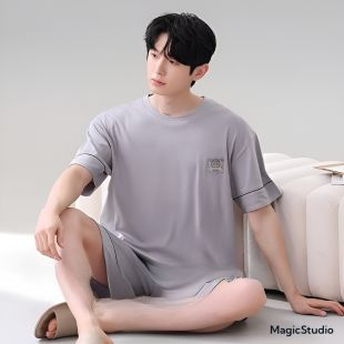 Korean Design Space Grey Short Sleeve Ice Silk Pajama Set For Men