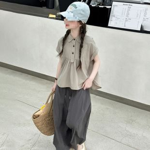 طقم صيفي بلوزة وبنطلون فضفاض بتصميم كورى للبنات