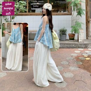 طقم بلوزة مزينة بدانتيل مع بنطلون بخصر عالٍ للسيدات