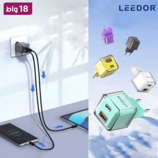 شاحن كهربائي سريع قوة 18 واط + PD قوة 20 واط تصميم زجاج كريستالي من LEEDOR