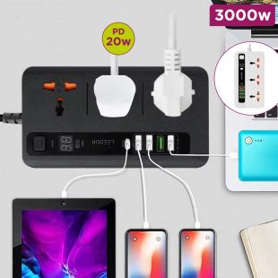 3 Sockets Power Extension 3000W with PD20W and 4 USB Ports by LEEDOR