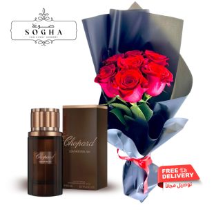 بوكيه ورد جوري فاخر ومميز 7 ورود من Sogha + عطر Leather Malaki للرجال 80 مل EDP من Chopard