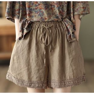 شورت صيفي فضفاض من القطن والكتان والكروشيه للسيدات