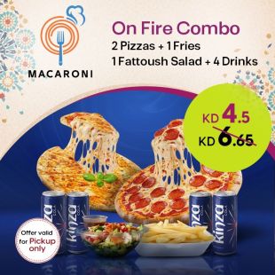 اون فاير كومبو – 2 بيتزا + 1 بطاطا + 1 سلطة فتوش + 4 مشروب في Macaroni