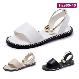 صندل روماني مسطح سهل الارتداء بـمقدمة مفتوحة مزين باللؤلؤ