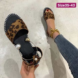 Leopard Flat Roman Sandals Open-Toe with Pearl Buckle for Women