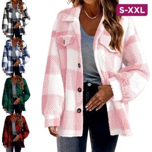 Plaid Lamb Wool Fleece Cardigan with Buttons