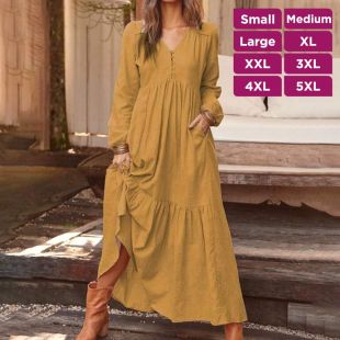 Elegant Plain Long Dress With a V-neck and Long Sleeves
