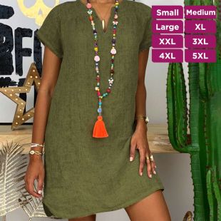 Plain Short Dress with Short Sleeves and V-neck