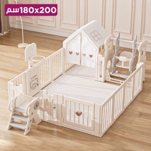 سياج بلاستيكي مع بيت صغير وحصيرة وزحليقة وأرجوحة وقاعدة كرة سلة 200 × 180 سم