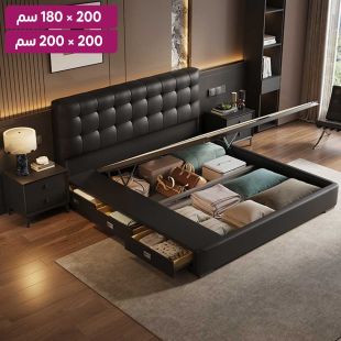 سرير جلد مبطن مع هيكل من خشب الصنوبر و 2 طاولة جانبية و3 أدراج مدمجة