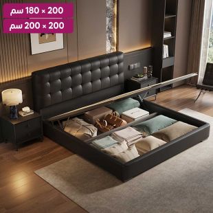 سرير جلد مبطن مع هيكل من خشب الصنوبر و 2 طاولة جانبية